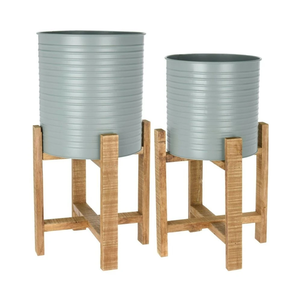 Koopman Olive Green Steel Planter With Wooden Stand 3 Koopman Olive Green Steel Planter With Wooden Stand